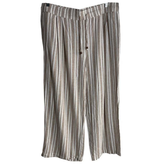 Land N Sea Pants - LAND n SEA Linen Blend Striped Tan/White Wide Leg Pants Size XL -- COASTAL VIBES